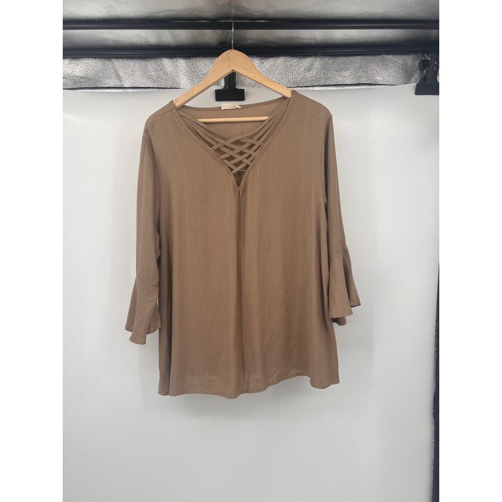 Lida Collection Womens XXL/XXXL Beige Peasant Top 3/4 Flutter Sleeve V Neck